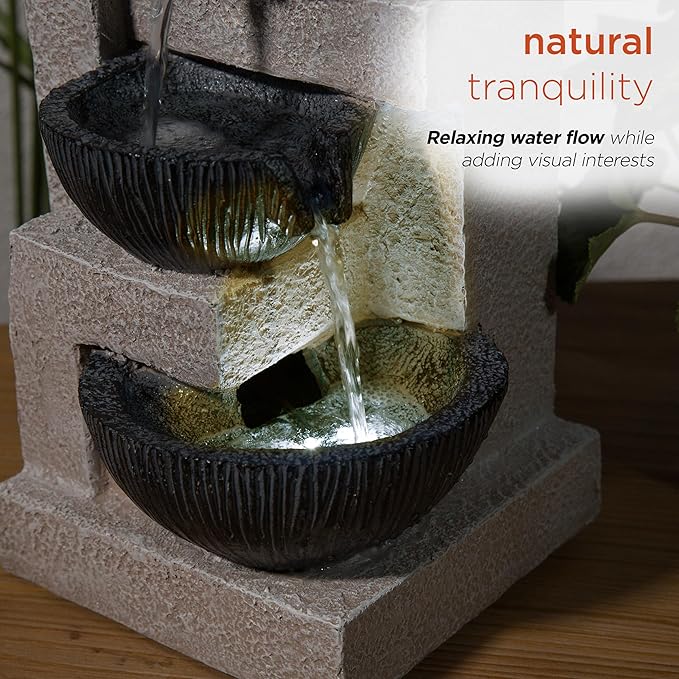 Alpine Corporation WIN1578 14" Cascading Tabletop Bowl Fountain with LED Lights – Elegant Water Fountain for Home, Office, Living Room, Bedroom, and Desk, Gray - Bloomnest