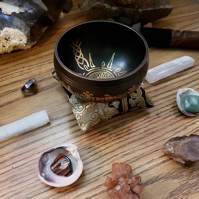 Sun in Moon Singing Bowl Set by Ohm Store — Black Etched Sound Bath Bowl Instrument — Unique, Handmade for Spiritual Healing, Reflection, Boho Décor, and Meditation - Bloomnest