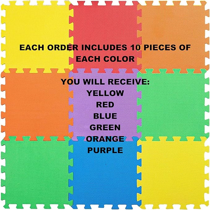 MEDca Floor Mat 60-Tiles Exercise Mat Solid Foam EVA Playmat Kids Safety - Receive 10-Pcs of Each Color, Red, Blue, Green, Yellow, Purple, Orange - Bloomnest