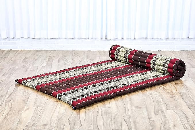 Leewadee - Kapok Roll Mat – Handcrafted Folding Sleep & Relaxation Mattress from Thailand, Ideal as Guest Bed, Camping Mat, Yoga Mat or Traditional Futon, 75 x 39 inches, Brown Red - Bloomnest