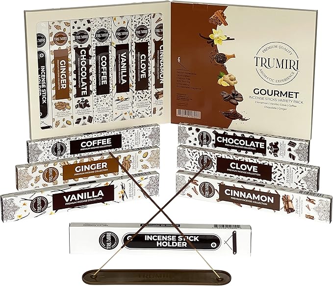 Gourmet Incense Sticks Variety Pack - 120 Insence-Sticks (6 Incents x 20 Insense) - Cinnamon Vanilla Coffee Chocolate - Natural Inscents-Sticks Non Toxic Inciensos + Incense Holder for Fall Christmas - Bloomnest