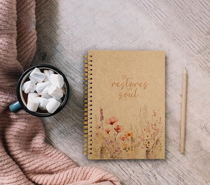Christian Notebook for Women, Christian Art Gifts Journal, Prayer Journal for Women, Bible Journaling Notebook, PSALM 23:3 He Restores My Soul Floral Spiral Notebook 5.5x8.3 Kraft Paper - Bloomnest