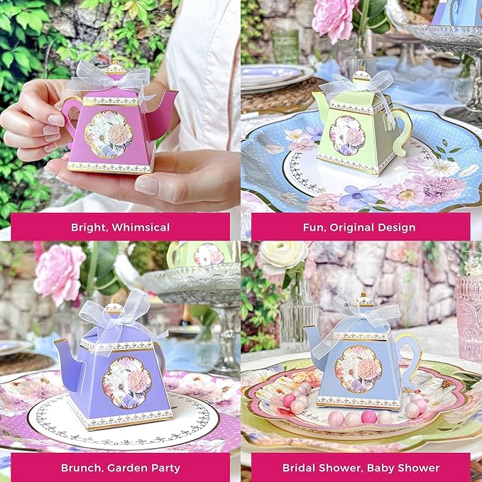 Kate Aspen Vintage Floral Tea Pot Shaped Party Favor Boxes (Set of 24 Assorted Colors) - Weddings Favors, Bridal Showers Brunches, Baby Candy Boxes, Birthday Decorations - Bloomnest