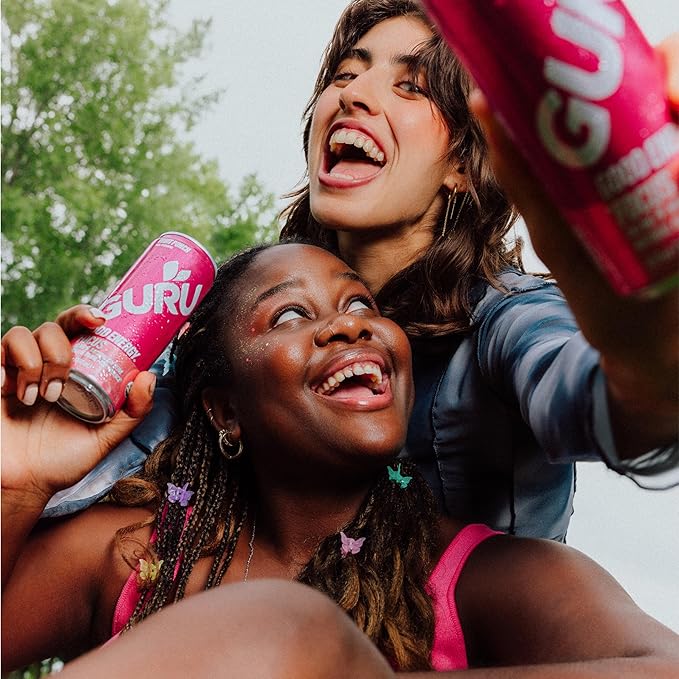 GURU Fruit Punch Organic Energy Drinks, Clean Energy Drink with Plant Based Natural Caffeine from Green Tea + Focus with L Theanine, Gluten Free and Vegan, 140MG Caffeine, 12oz (Pack of 24) - Bloomnest