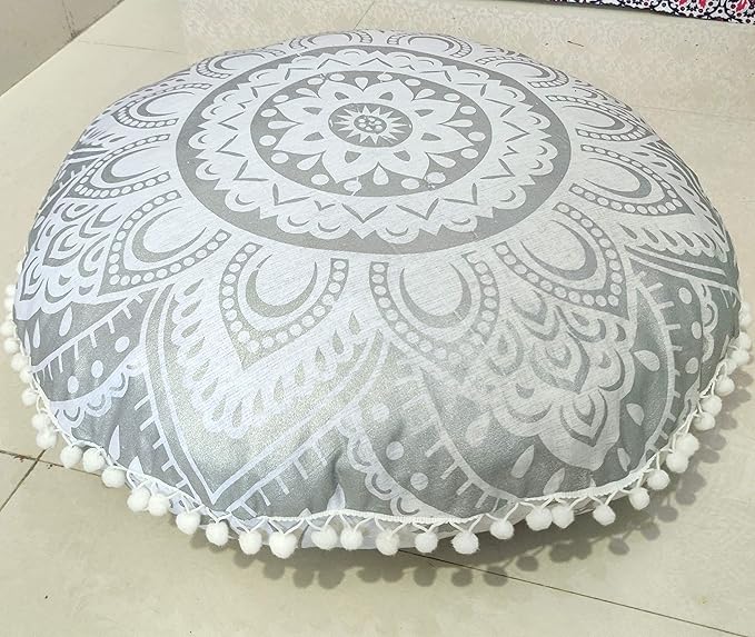 24" White Silver Flower Mandala Barmeri Large Floor Pillow Cover Cushion Meditation Seating Ottoman Throw Cover Hippie Decorative Zipped Bohemian Pouf Ottoman Pom Pom Cases 24 " round - Bloomnest