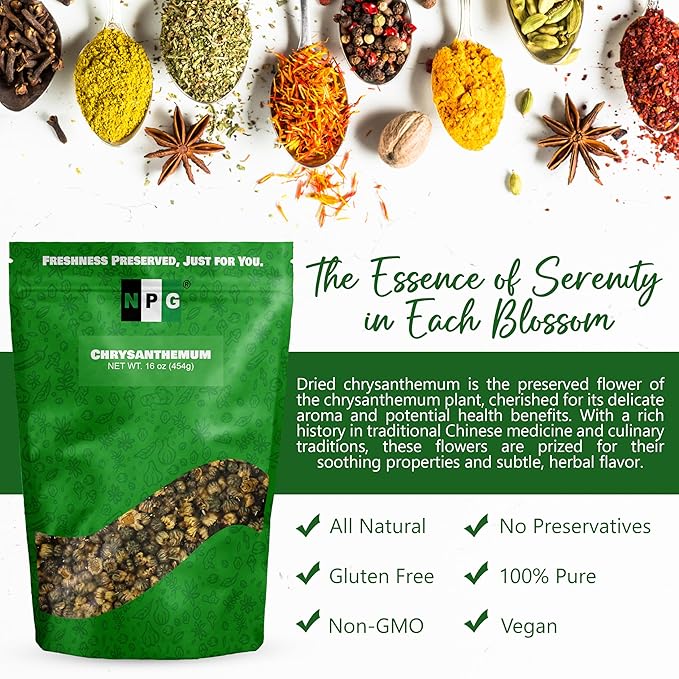 NPG Chrysanthemum Bud Tea 16 Oz, Premium Dried Chinese Tai Ju Flowers, Juhua Herbal Tea, Caffeine-Free, Non-GMO Loose Leaf with Floral Fragrance, Sweet and Refreshing Flavor for Relaxation - Bloomnest