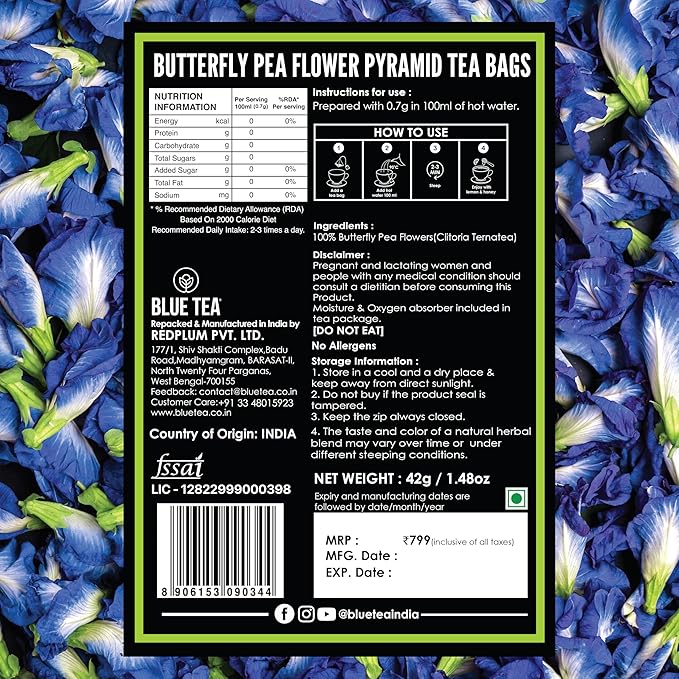 BLUE TEA - Butterfly Pea Flower Tea - 60 Count - Pyramid Plant Based Tea Bag | ANTIOXIDANT RICH | Caffeine Free - Flower Based - Herbal Tea - Chemical Free - Non Bitter | Zipper Pack - Bloomnest