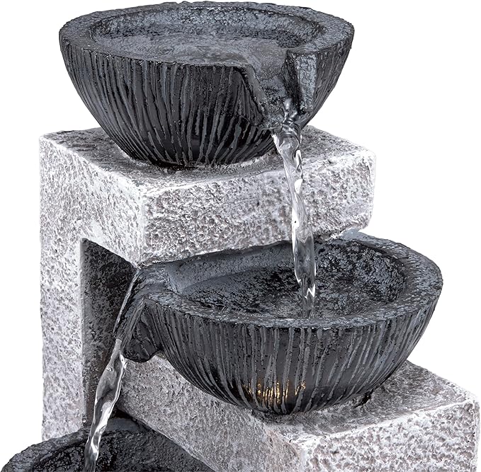 Alpine Corporation WIN1578 14" Cascading Tabletop Bowl Fountain with LED Lights – Elegant Water Fountain for Home, Office, Living Room, Bedroom, and Desk, Gray - Bloomnest