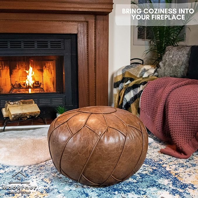 Moderner Faux Leather Pouf Unstuffed Ottoman Moroccan Footstool, Floor Footrest Cushion, Storage Solution - Natural Brown Color (Mocha, Round) - Bloomnest