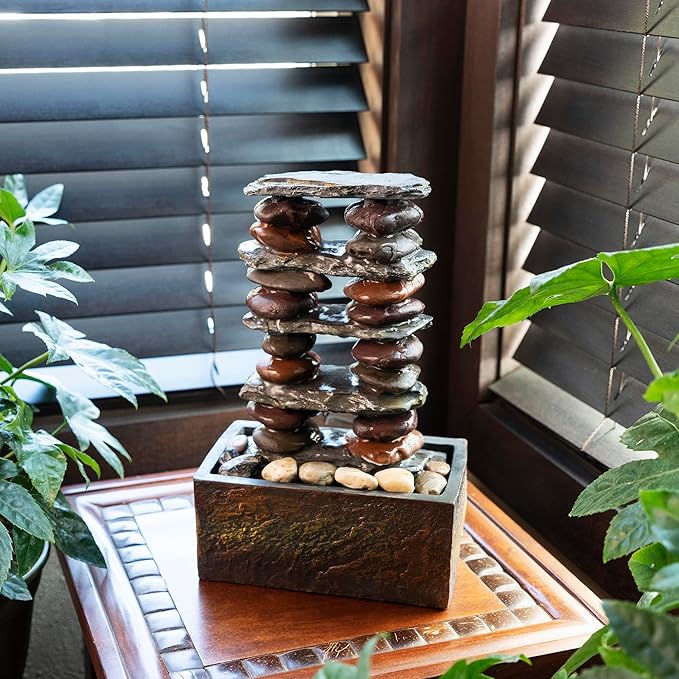 Alpine Corporation TT8002 Indoor/Outdoor Tabletop Stacked Rocks Eternity Fountain, Modern Rocks Tabletop Fountain 12", Brown - Bloomnest