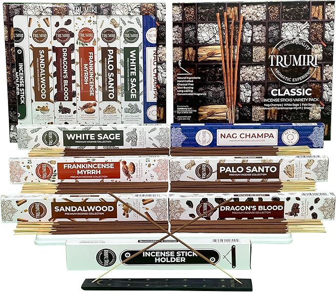 Classic Incense Sticks - Total 120 Insence-Sticks (20 Insense x 6 Inscents) - Inciensos Aromaticos Para La Casa Incents with Nag Champa Sage Palo Santo Frankincense Sandalwood Inscents-Sticks + Holder - Bloomnest