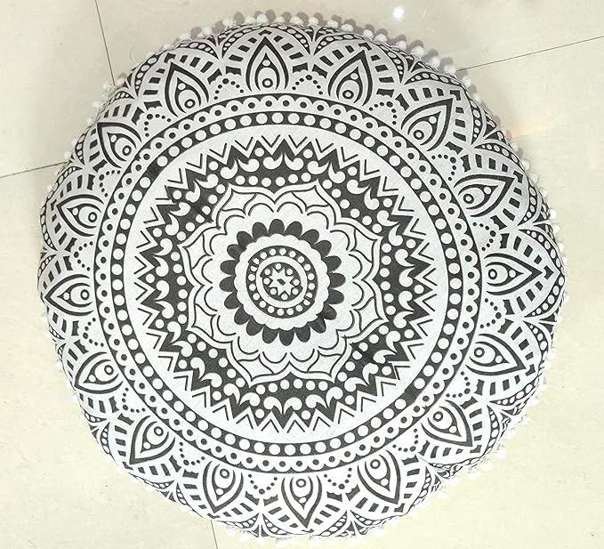 INDIAN CRAFT CASTLE 24" Grey Ombre Mandala Barmeri Large Floor Pillow Cover Cushion Meditation Seating Ottoman Throw Cover Hippie Decorative Zipped Bohemian Pouf Ottoman Pom Pom Cases 24" Round - Bloomnest