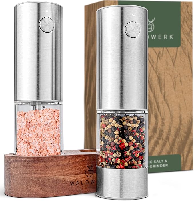 WALDWERK Electric Salt and Pepper Grinder Set (300 mAh Rechargeable Battery) - Salt and Pepper Shakers with Elegant Acacia Wood Stand – Rechargeable Automatic Salt and Pepper Grinder Set - Bloomnest