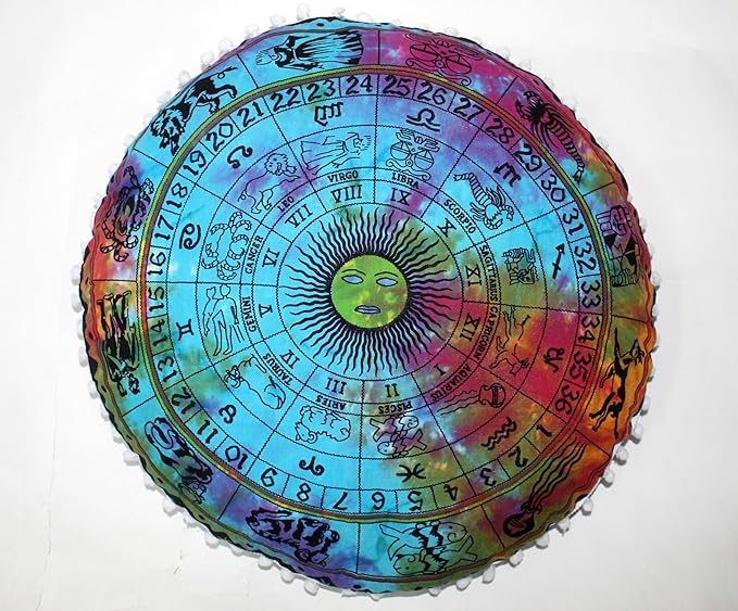 CRAFT KALA 32" Round Large Round Bohemian Floor Pillow Pouf Cover Mandala Meditation Room Pillow Cover for Adults Boho Seating Poufs Cushion Cover for Kids Playroom Multi Zodiac - Bloomnest
