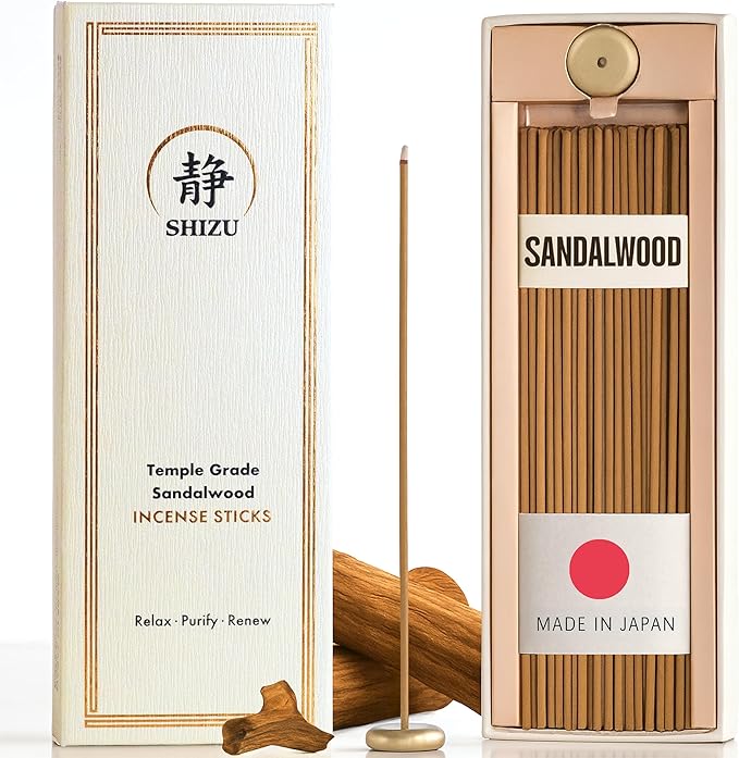 Shizu Sandalwood Incense Sticks – Temple Grade Japanese Incense with Brass Holder – Calming Scent for Relaxation, Meditation & Home Spa, Elegant Gift Set (60 Sticks) - Bloomnest