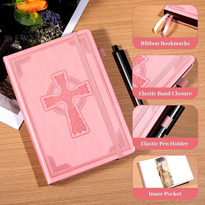 CAGIE Leather Lined Journal Notebook for Men & Women, Debossed Cross, 320 Pages 100 GSM Thick Paper, A5 Hardcover Journaling Notebooks for Writing, 5.7'' X 8.3'' Diary, Pink - Bloomnest
