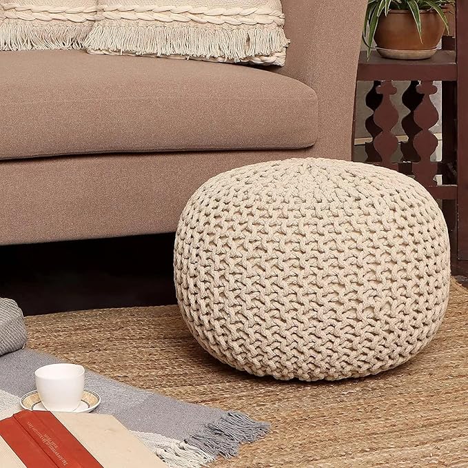 REDEARTH Round Pouf Ottoman - Cable Knitted Boho Poof - Home Décor Cord Pouffe Handmade Circular Footrest for Living Room - Bedroom - Kids Bedroom - 100% Cotton Pouf (19.5"x19.5"x14") - Natural - Bloomnest