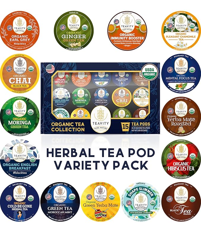 Organic Tea Pods Variety Pack - Assorted Sampler Pack Compatible for Keurig Brewer and Coffee Maker - Earl Grey, English Breakfast, Chai, Chamomile - Herbal Tea Pod for K Cup Keurig Brewing -15 count (Pack of 1) by Teavity - Bloomnest