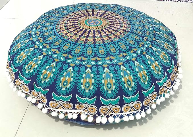 INDIAN CRAFT CASTLE 24" Blue Peacock Mandala Barmeri Large Floor Pillow Cover Cushion Meditation Seating Ottoman Throw Cover Hippie Decorative Zipped Bohemian Pouf Ottoman Pom Pom Cases 24" Round - Bloomnest