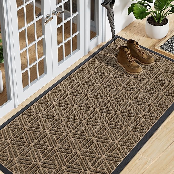 Smiry Front Door Mat Outside Entrance, Heavy Duty Sturdy Natural Rubber Doormat, Trap Dirt and Moisture, Easy Clean Low Profile Mats for Indoor Outdoor Entry, Grid Geometric (59x24, Brown) - Bloomnest