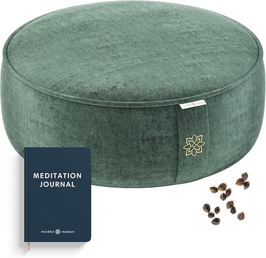Mindful Modern Velvet Meditation Cushion | Luxe Zafu Yoga Floor Pillow Seat | Posture Support | Buckwheat Hull Filled | Large Round Cushion with Removable Washable Cover + Carry Handle