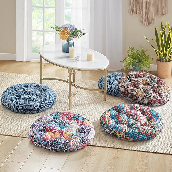 Codi Meditation Floor Pillow, Boho Pillows Seating for Adults and Kids, Large Round Cushion for Yoga Living Room Tatami Sitting, Memory Foam Added, 22x22 Inch, Multi Patchwork - Bloomnest