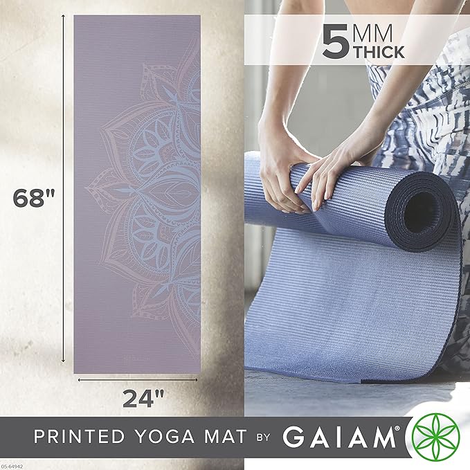 Gaiam Yoga Mat - Premium 5mm Print Thick Non Slip Exercise & Fitness Mat for All Types of Yoga, Pilates & Floor Workouts (68" x 24" x 5mm) - Bloomnest