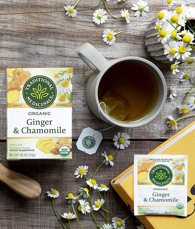Traditional Medicinals Organic Ginger & Chamomile Herbal Tea, Relieves Occasional Indigestion or Nausea, (Pack of 1) - 16 Tea Bags - Bloomnest