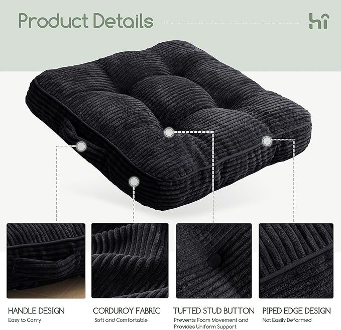 HIGOGOGO Washable Floor Pillow Cushion for Adults, Meditation Cushion Pillow, Large Square Floor Sitting, Removable Tufted Corduroy Cover, for Tatami Living Room or Yoga, 22x22 Inch, Machine Washable - Bloomnest