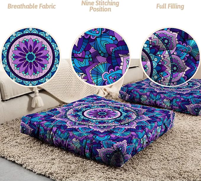 Mandala Meditation Cushion, Boho Meditation Mat, Meditation Pillows for Sitting on Floor, Cushions for Sitting in Home and Outdoor, Square Floor Pillows Cushion Seating for Yoga 22'' X 22'' - Bloomnest