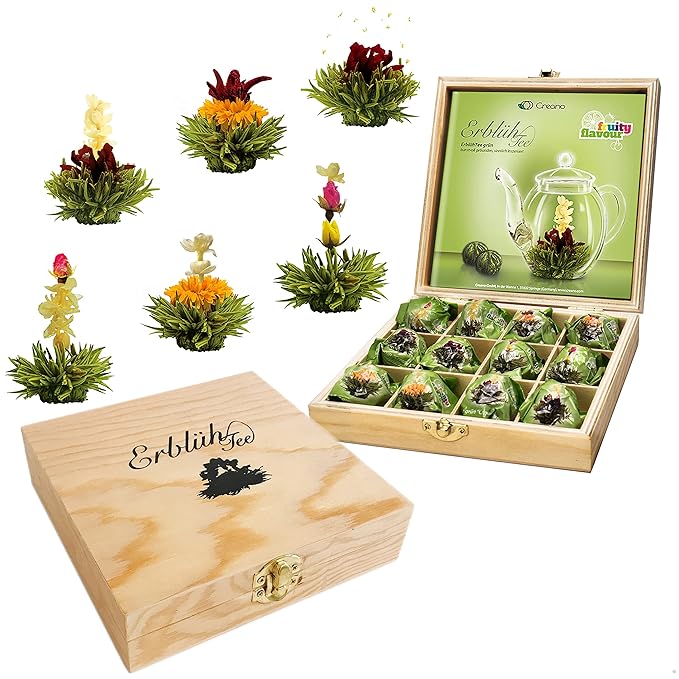 Creano Flowering Abloom Tea - Blooming Gift Set in Stylish Wooden Box, 12pcs - Bloomnest