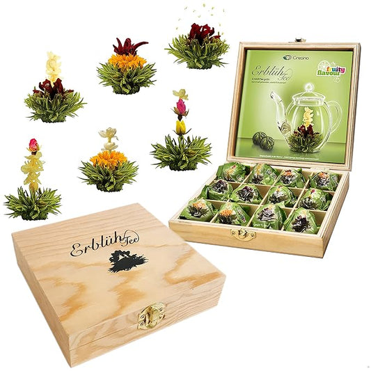Creano Flowering Abloom Tea - Blooming Gift Set in Stylish Wooden Box, 12pcs - Bloomnest
