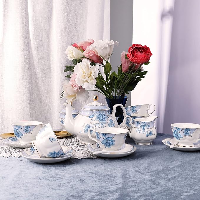 fanquare Blue Flowers Porcelain Tea Set, Tea Cup and Saucer Set Service for 6, Wedding Tea Set with Sugar Bowl Cream Pitcher, Floral Coffee Set for Tea Party - Bloomnest