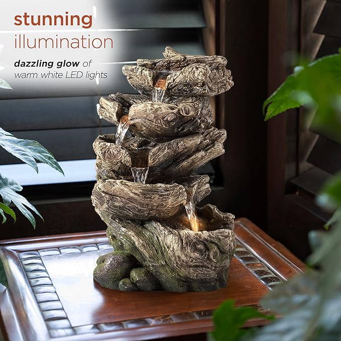 Alpine Corporation WIN1180 11" Indoor Tabletop Waterfall Fountain with LED Lights, 5 Tier Rainforest Garden Fountain, Brown - Bloomnest