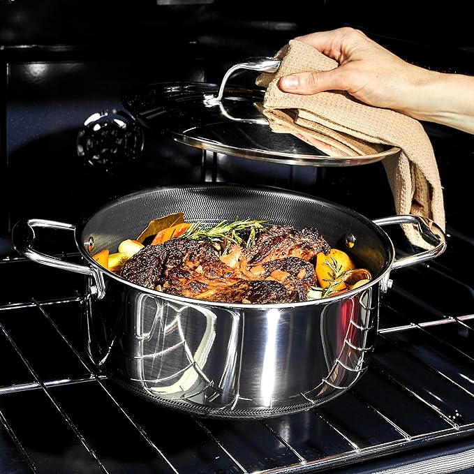 HexClad Hybrid Nonstick 5-Quart Dutch Oven with Stainless Steel Lid, Stay-Cool Handles, Dishwasher-Friendly, Oven-Safe Up to 900°F, Induction Ready, Compatible with All Cooktops - Bloomnest