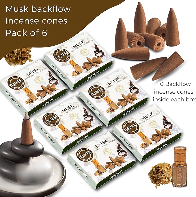 Musk Backflow Incense - 60 Cones, Six Packs of 10, Waterfall Effect TRUMIRI