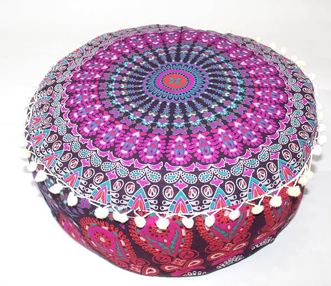 INDIAN CRAFT CASTLE ICC Mandala Barmeri Large Floor Pillow Cover Cushion Meditation Seating Ottoman Throw Cover Hippie Decorative Zipped Bohemian Pouf Ottoman Cases Pink Peacock 16" Round - Bloomnest
