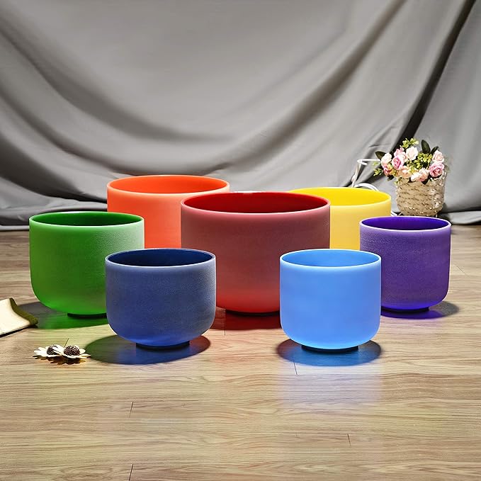 TOPFUND 6-12 inch Chakra Set of 7 Color Crystal Singing Bowls with Carrying Cases and Mallets - Bloomnest