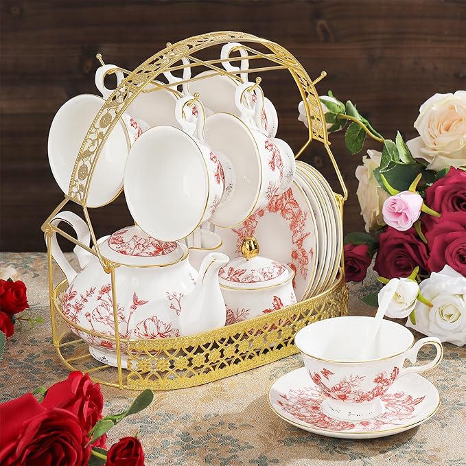 fanquare Vintage Porcelain Tea Set with Holder, 22 Piece Red Floral New Bone China Tea Coffee Gift Sets for Wedding Birthday, 6 Tea Cup and Saucers for Women Tea Party - Bloomnest