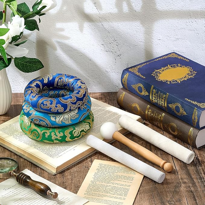 6 Pcs Singing Bowl Cushion Set 3 Silk Cloth O Ring with 3 Crystal Singing Bowl Mallet Include Solid and Hollow Stick Wood Handle Rubber Mallet for 7-9 Tibetan Sound Meditation - Bloomnest