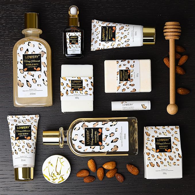 Luxury At-Home Spa Kit with Honey Almond Scent - Bath Gift Basket with Vit E-Rich Bath Essentials, Tumbler, Ear Candles, Bath Oil, Salts, Shower Steamer, Organic Lip Balm & More in Leopard Basket, 21