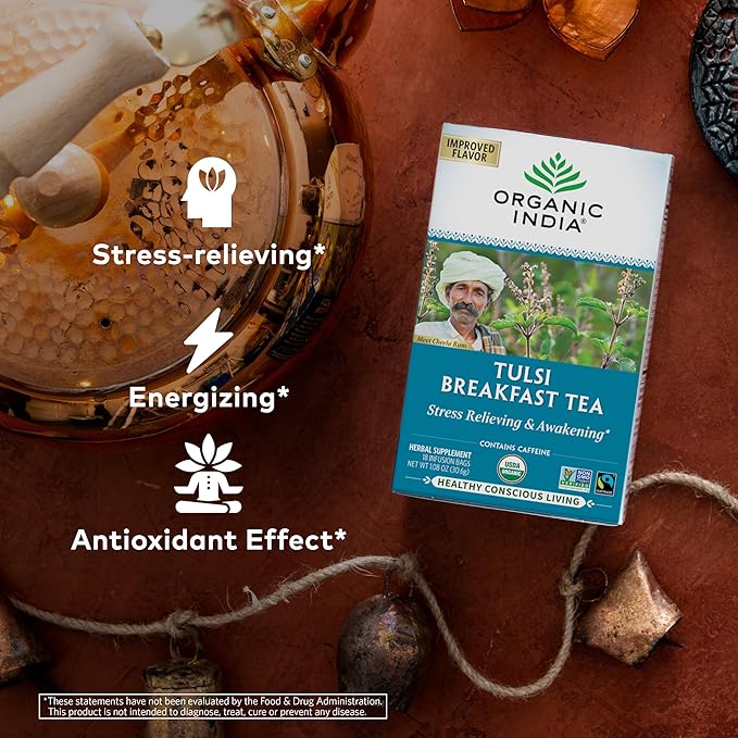 ORGANIC INDIA Tulsi Breakfast Herbal Tea - Black Tea, Holy Basil, Relieve Stress & Energize, USDA Organic, Non-GMO, Caffeinated - 18 Bags, 3 Pack - Bloomnest