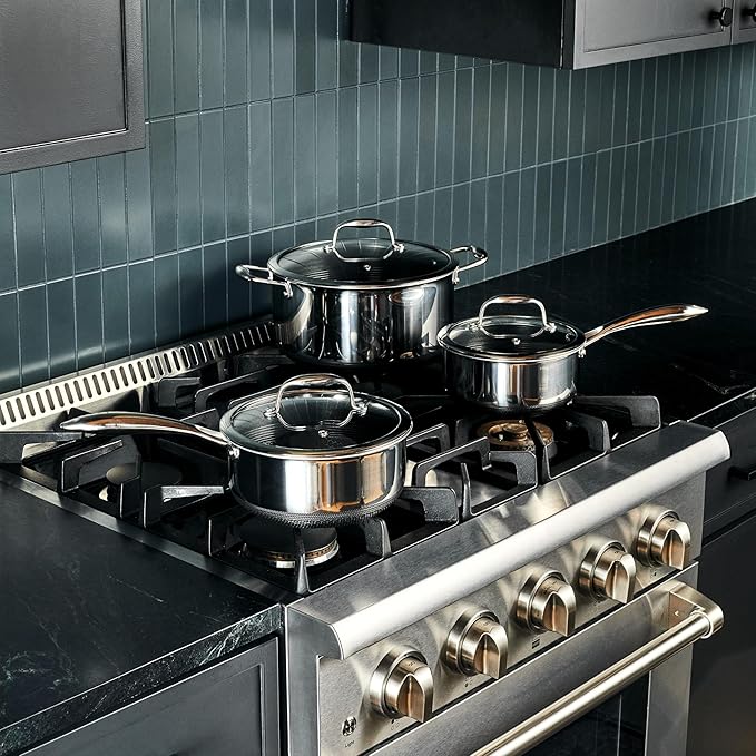 HexClad Hybrid Nonstick 6-Piece Pot Set with 2 Silicone Trivets, 2, 3, and 8-Quart Pots with Tempered Glass Lids, Stay-Cool Handles, Dishwasher-Friendly, Induction Ready, Compatible with All Cooktops - Bloomnest