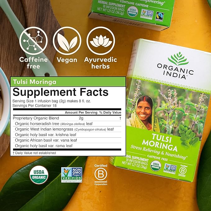 ORGANIC INDIA Tulsi Moringa Tea Bags - Holy Basil, Lemongrass, Moringa Leaves, Stress Relieving & Nourishing, Immune Support Tea, Vegan, Certified Organic, Caffeine-Free - 18 Infusion Bags, 6 Pack - Bloomnest