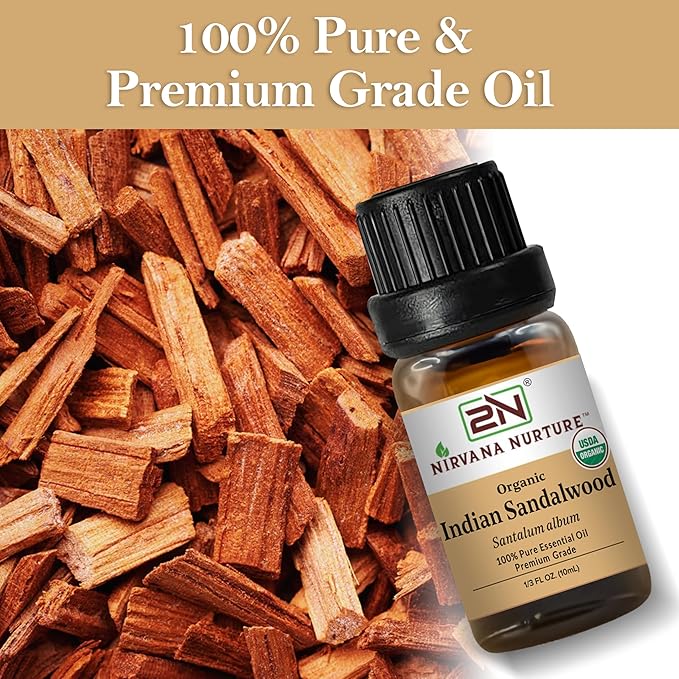Indian Sandalwood Essential Oil, USDA Certified Organic, 100% Pure Undiluted, Aromatherapy Oil for Diffuser, Hair & Skin Care NirvanaNurture