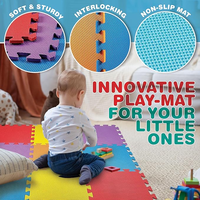 MEDca Floor Mat 60-Tiles Exercise Mat Solid Foam EVA Playmat Kids Safety - Receive 10-Pcs of Each Color, Red, Blue, Green, Yellow, Purple, Orange - Bloomnest