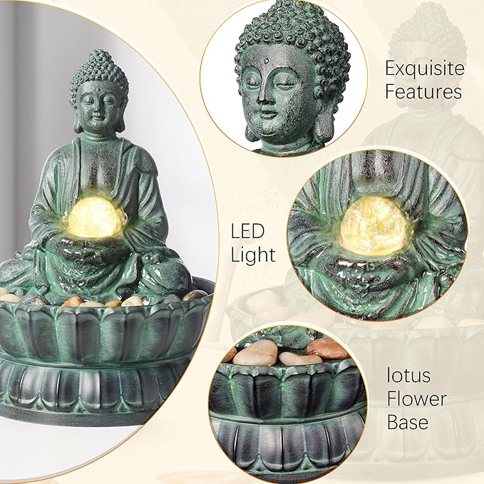 Indoor Tabletop Fountain Buddha Exquisite Sitting Meditation Statue, Desk-Top Water Fountain Decorative Zen Fountain w/Glass Rolling Ball/LED/Stone for Office/Home/feng Shui Decor 9.4" - Bloomnest