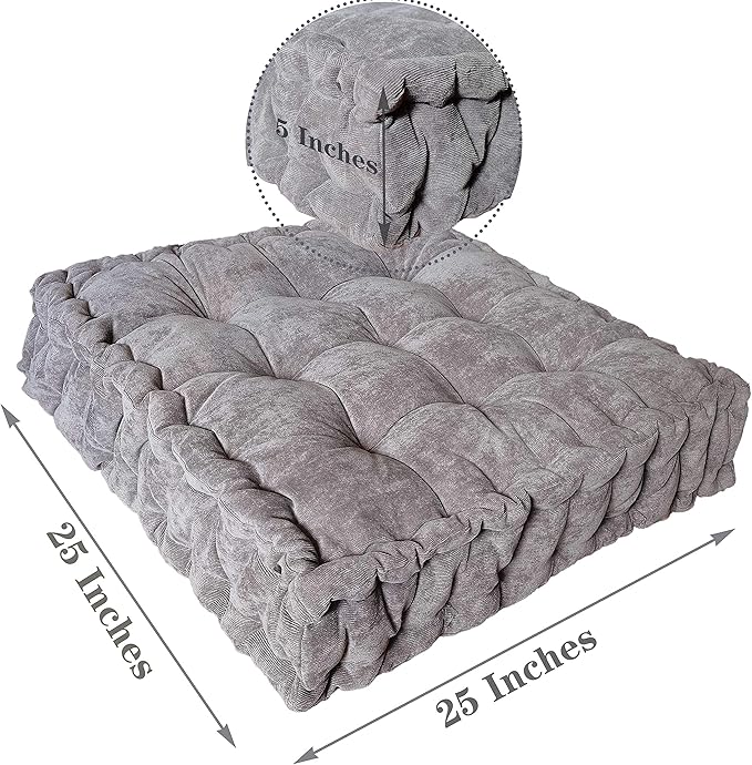 Verpert Floor Pillow 25x25 Inch, Square Meditation Cushion Floor Seating for Adults, Oversized Tufted seat Cushion Reading Nook for Kids, Yoga Meditation Pillow for Sitting on Floor-Gray