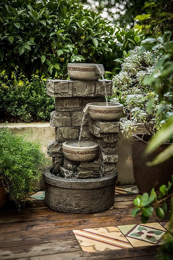 Cheng Pin Water Fountain Outdoor - 28 Inch Tall Cascading Bowls and Stacked Stones Design, Create Relaxing Waterfall Flow Water Feature for Outside Garden, Patio, Backyard - Bloomnest