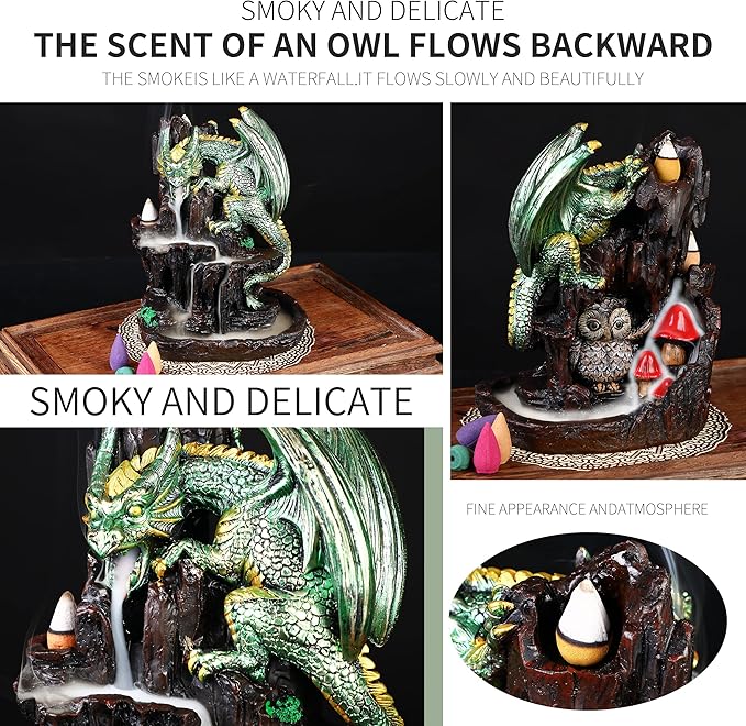 Dragon Backflow 2 Sided Mountain Waterfall Incense Burner,Fountain Smoke Incense Holder with Backflow Incense Cones, Tweezers, Mat，Resin Aromatherapy Meditationvaiuk (Green) - Bloomnest